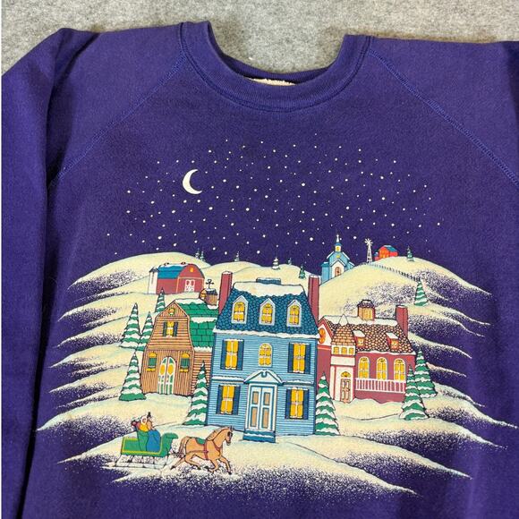 Vintage 80s Sweatshirt Womens Medium Purple Christmas Winter Crewneck Pullover - Picture 4 of 8